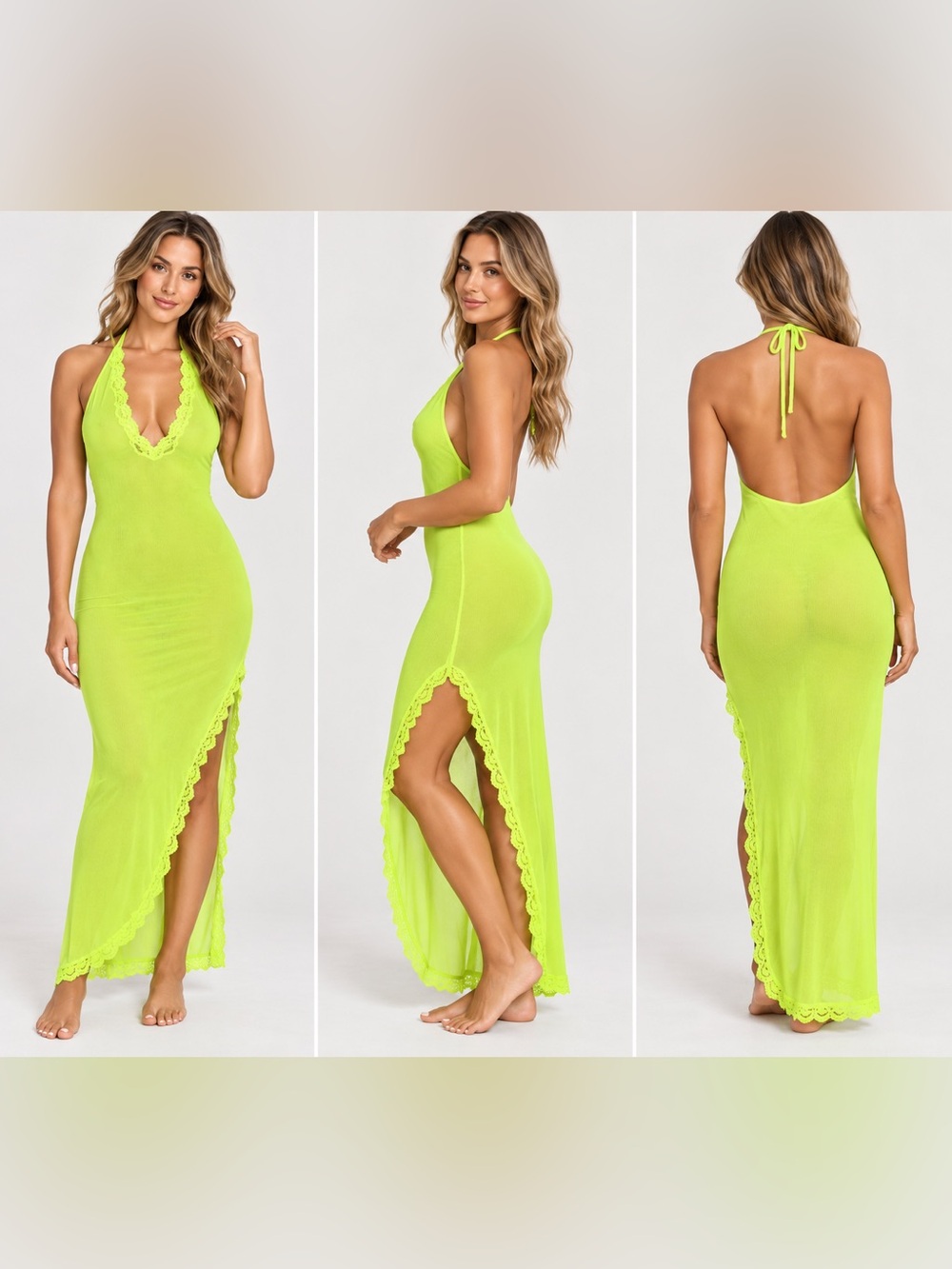 SKIMS Summer Mesh Lace Plunge Dress | Neon Green | Size M
